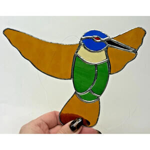 Stained Glass Hummingbird Hanging Window Sun Catcher Handmade 7" x 5" Colorful